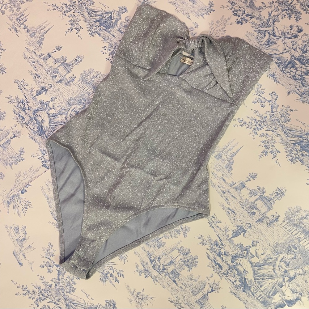 Sparkly light blue sweetheart neckline cutout front tie bodysuit NWOT